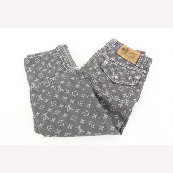 Louis Vuitton Sz 2  Grey Denim Monogram Cropped Jeans Capri Pants Upcycle 13lz41 - Picture 1 of 12